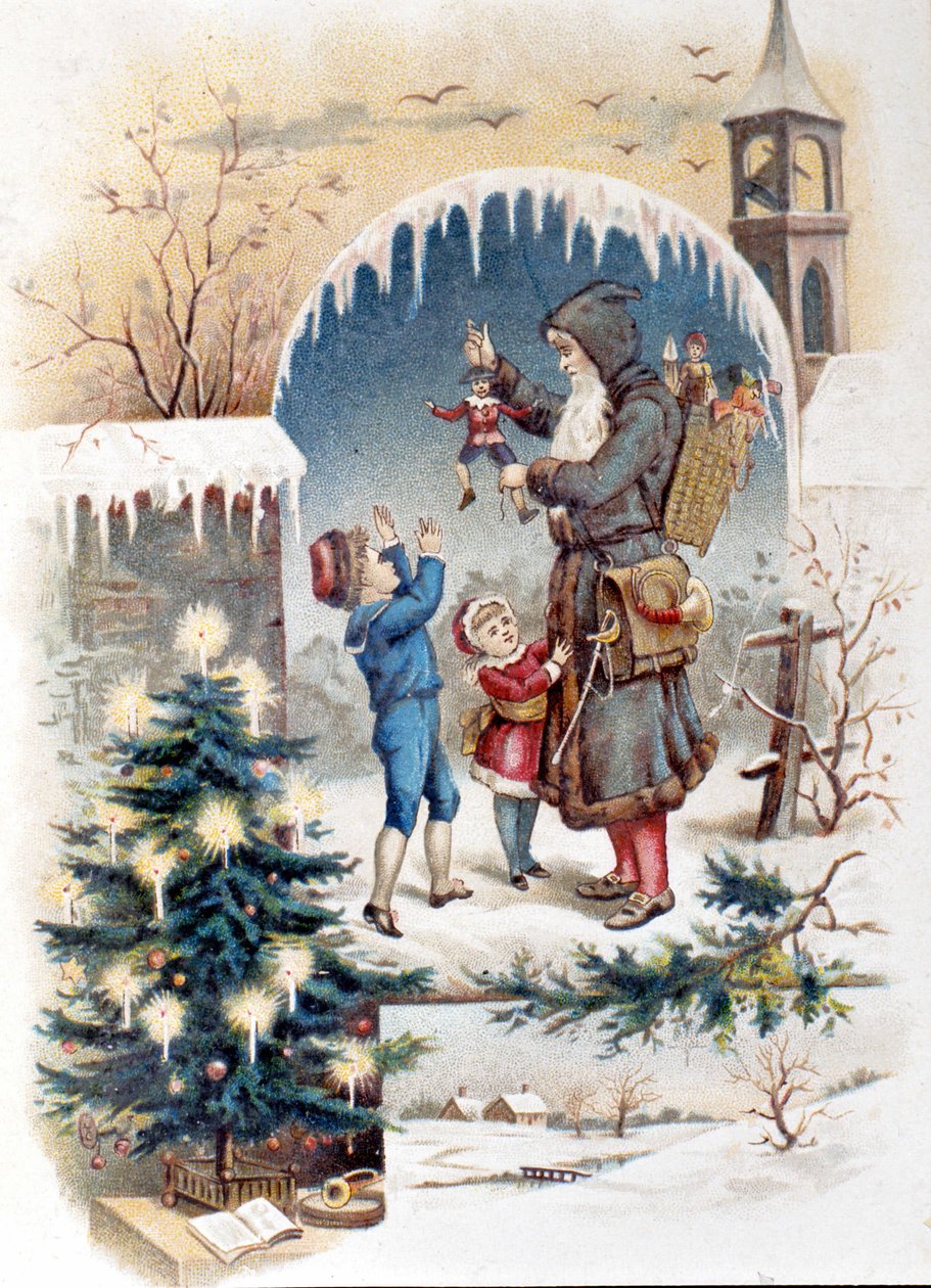 Joulupukki lasten kanssa. 1892 kromolitografia. tekijältä Unknown artist