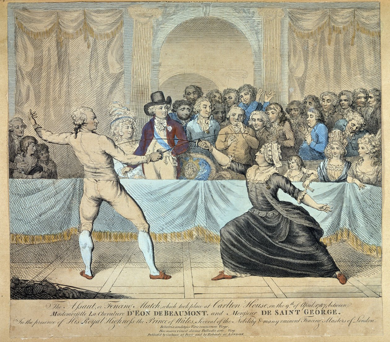 Miekkailu Eon de Beaumontin ritarin ja Monsieur de Saint Georgen välillä, 9. huhtikuuta 1787. Kaiverrus tekijältä Unknown artist
