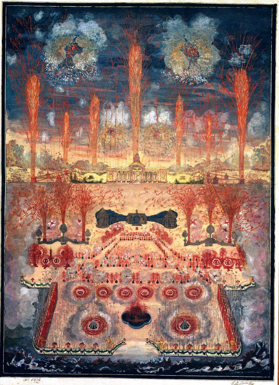 Ilotulitus ja valot 16. kesäkuuta 1744 Moskovassa (Venäjä). Nimetön työ, akvarelli ja guassi pahville, 1700-luvun puoliväli. Rokokootaidetta. Valtion historiallinen museo, Moskova. tekijältä Unknown artist