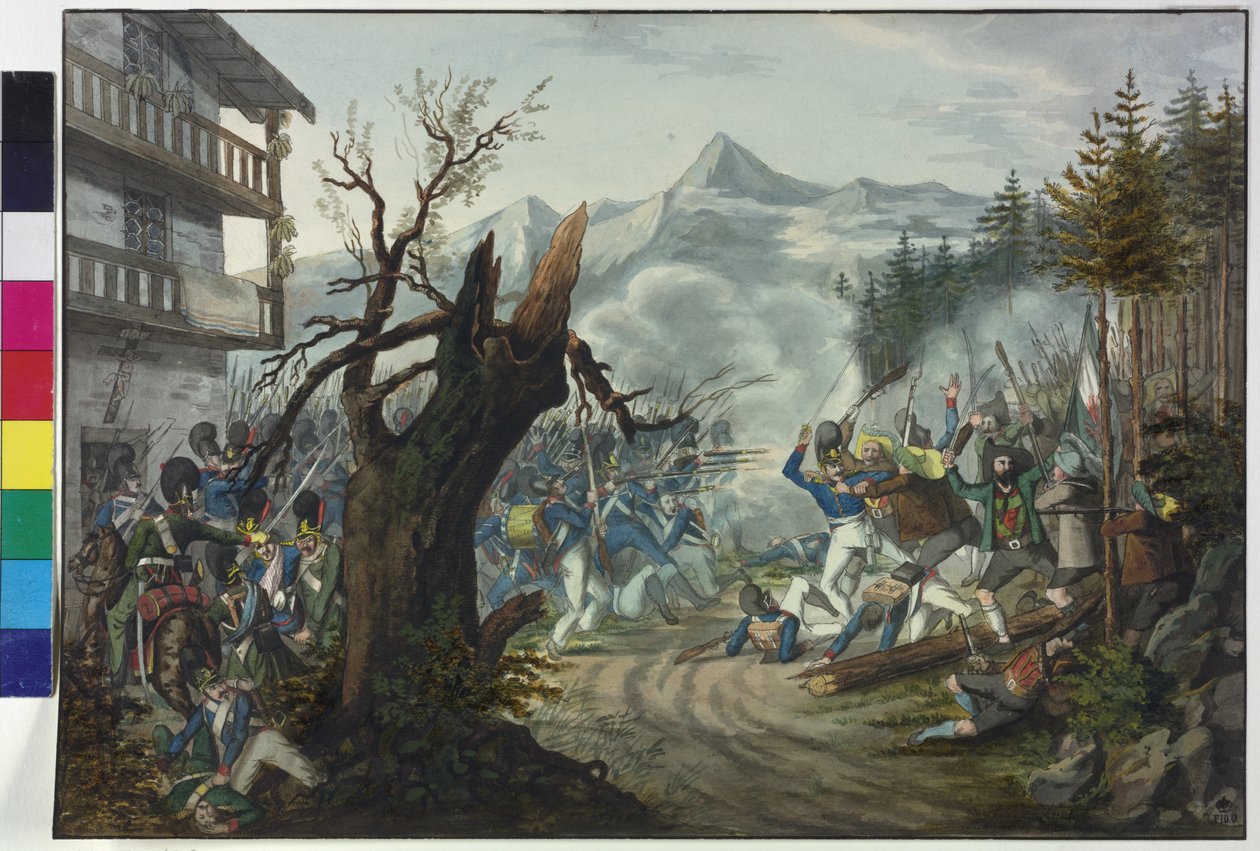 Baijerilaisten sotilaiden ja tirolesilaisten talonpoikien välinen taistelu tekijältä Unknown artist