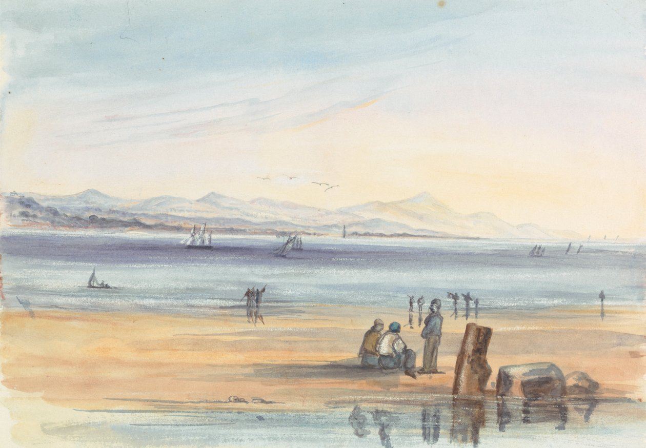 Figuurit rannalla, jossa on vuoria kaukana tekijältä Unknown artist
