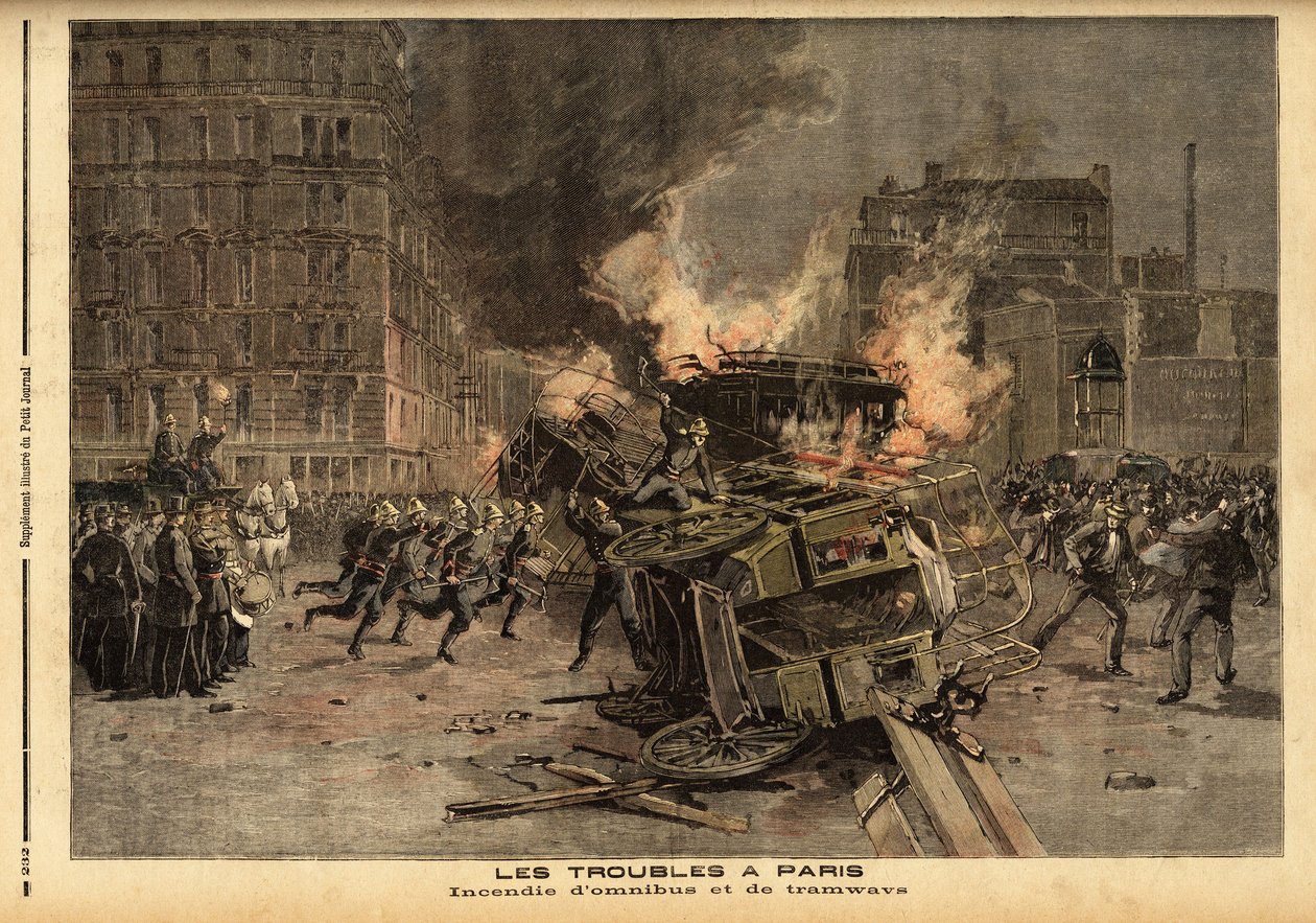Omnibussien ja raitiovaunujen tulipalo Pariisissa: julmasti tukahdutettu opiskelijamielenosoitus muuttuu yleiseksi mellakoksi. Kaiverrus "" Le petit Journal" -lehdessä 22/07/1893. Selvan kokoelma. tekijältä Unknown artist