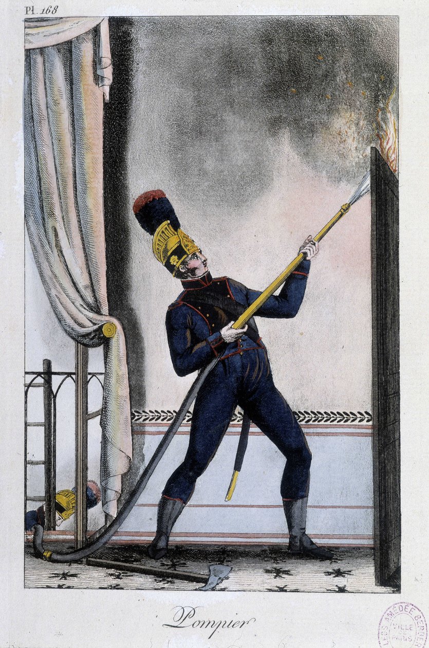 Palomies vesisuihkulla, tulipalon sammutus - n. 1830 tekijältä Unknown artist