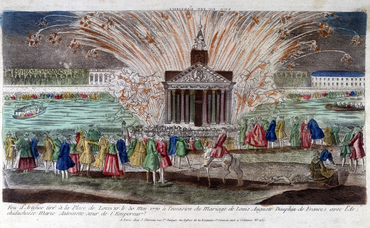 Ilotulitteet ammuttiin Place de Louis XV:llä 30. toukokuuta 1770, kun Louis Auguste, Ranskan Dauphin, solmi avioliiton arkkiherttuatar Marie Antoinetten, keisarin sisaren, kanssa. Kaiverrus 1700-luvun lopulla. tekijältä Unknown artist