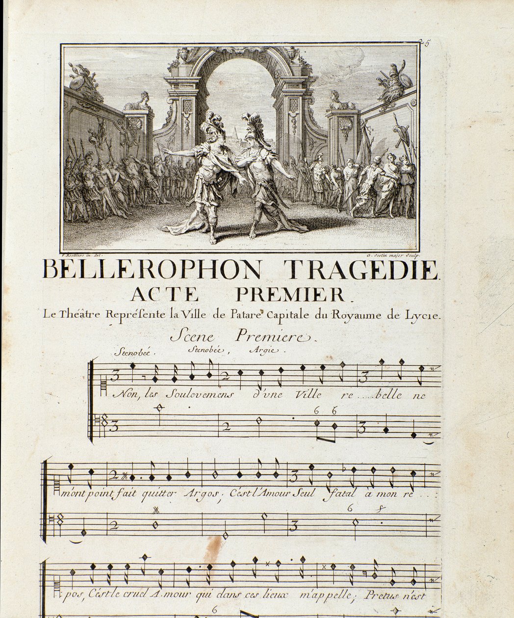 Ensimmäinen näytös "" Bellerophon "" Lyyrisen tragedian viidessä näytöksessä prologin kanssa Jean Baptiste Lullyn (1632-1687). 1714. tekijältä Unknown artist