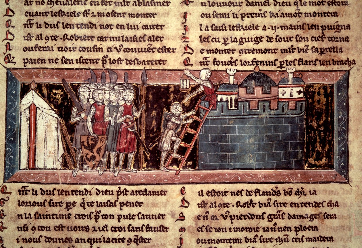 Ensimmäinen ristiretki: "Ristiretket saapuvat ennen Jerusalemia". Miniatyyri elokuvasta "" Chevalier au Swan et Godefroi de Bouillon"" tekijältä Unknown artist