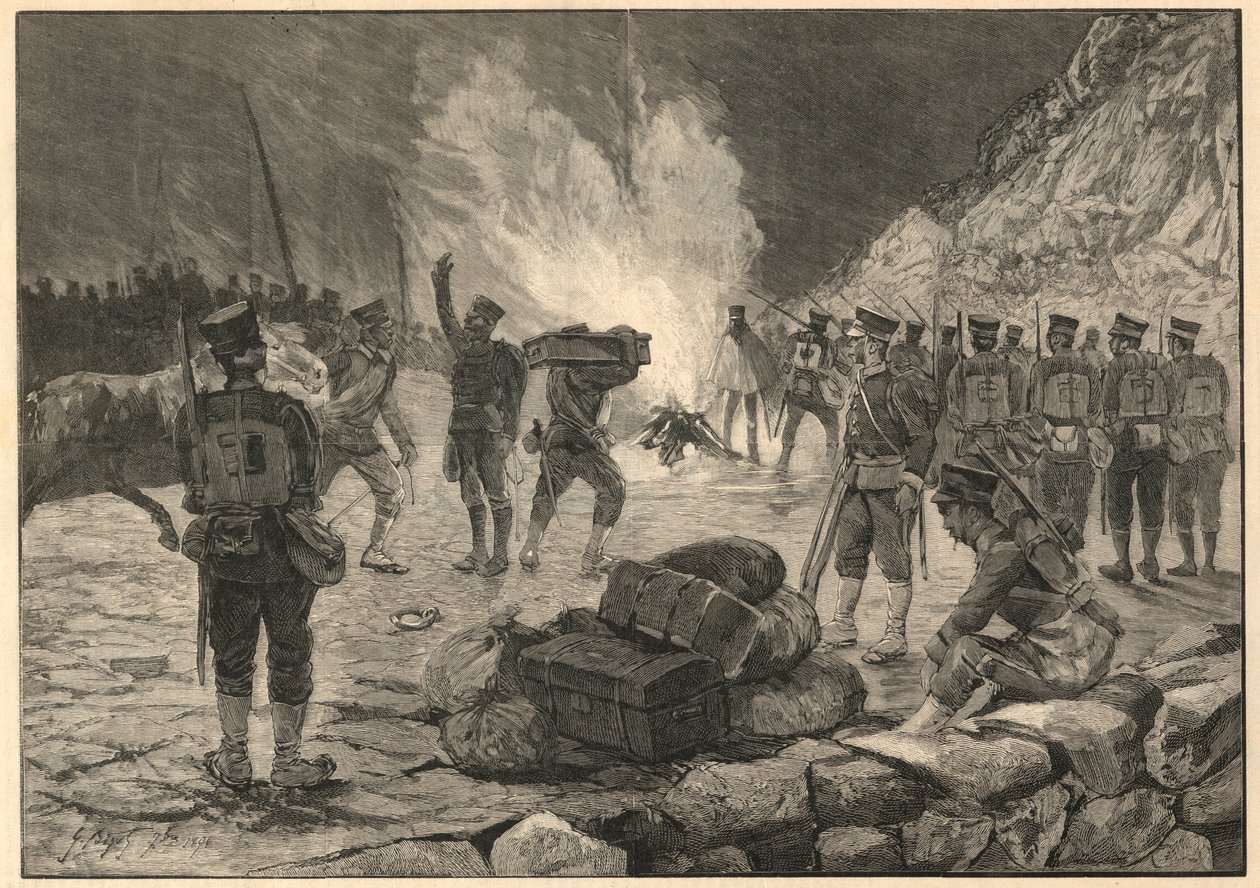 Ensimmäinen Kiinan ja Japanin sota - Japanin Kiinan sota, purku Chemulpossa (Inchon Koreassa) vuonna 1894 - Kaiverrus vuodelta 1894 tekijältä Unknown artist