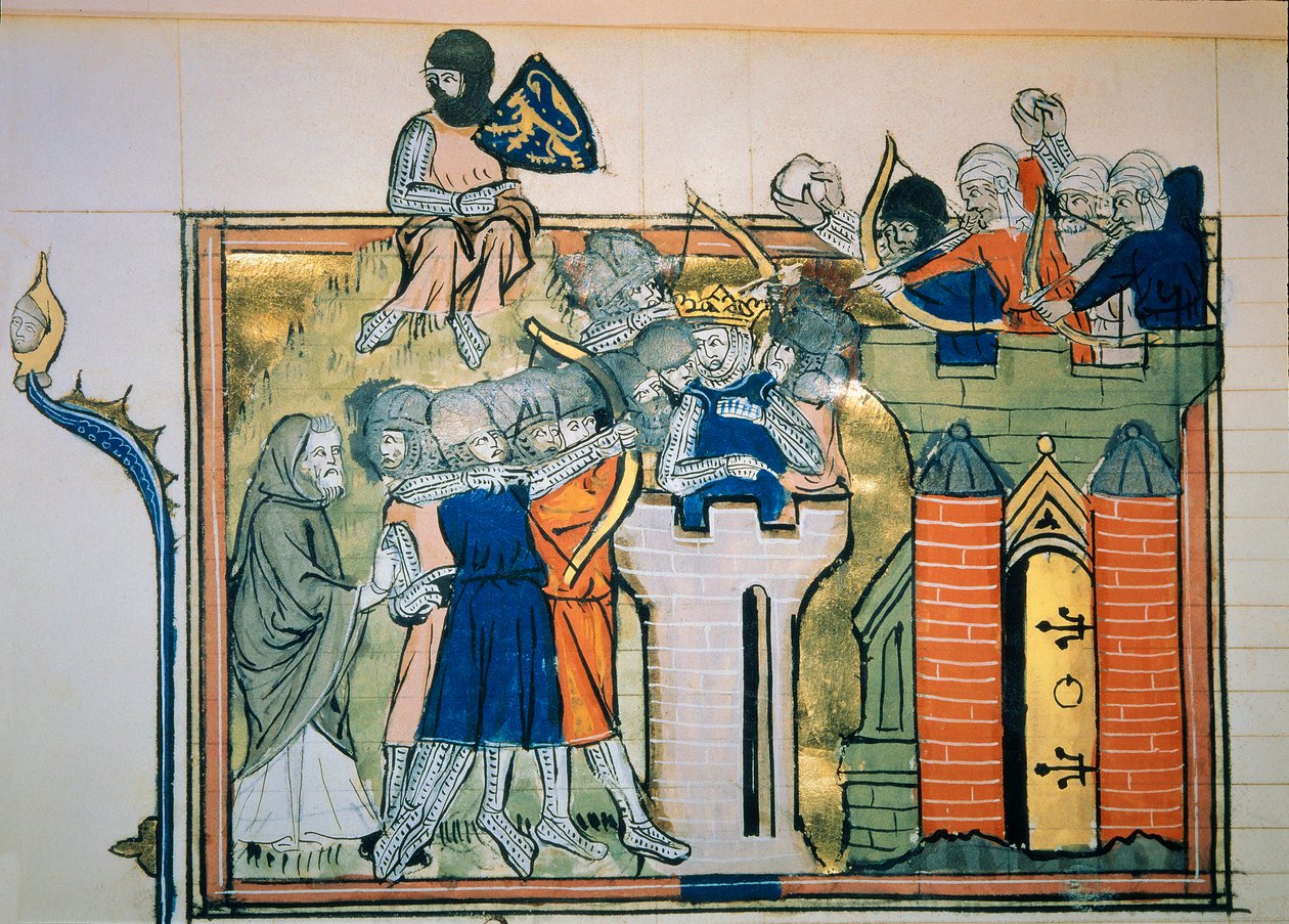 Ensimmäinen ristiretki: Bouillonin Godefroi (tai Godefroy) pyöreässä tornissa hyökkäsi Jerusalemiin vuonna 1099. Miniatyyri teoksesta "" Roman De Godefroy De Bouillon et de Saladin"" tekijältä Unknown artist