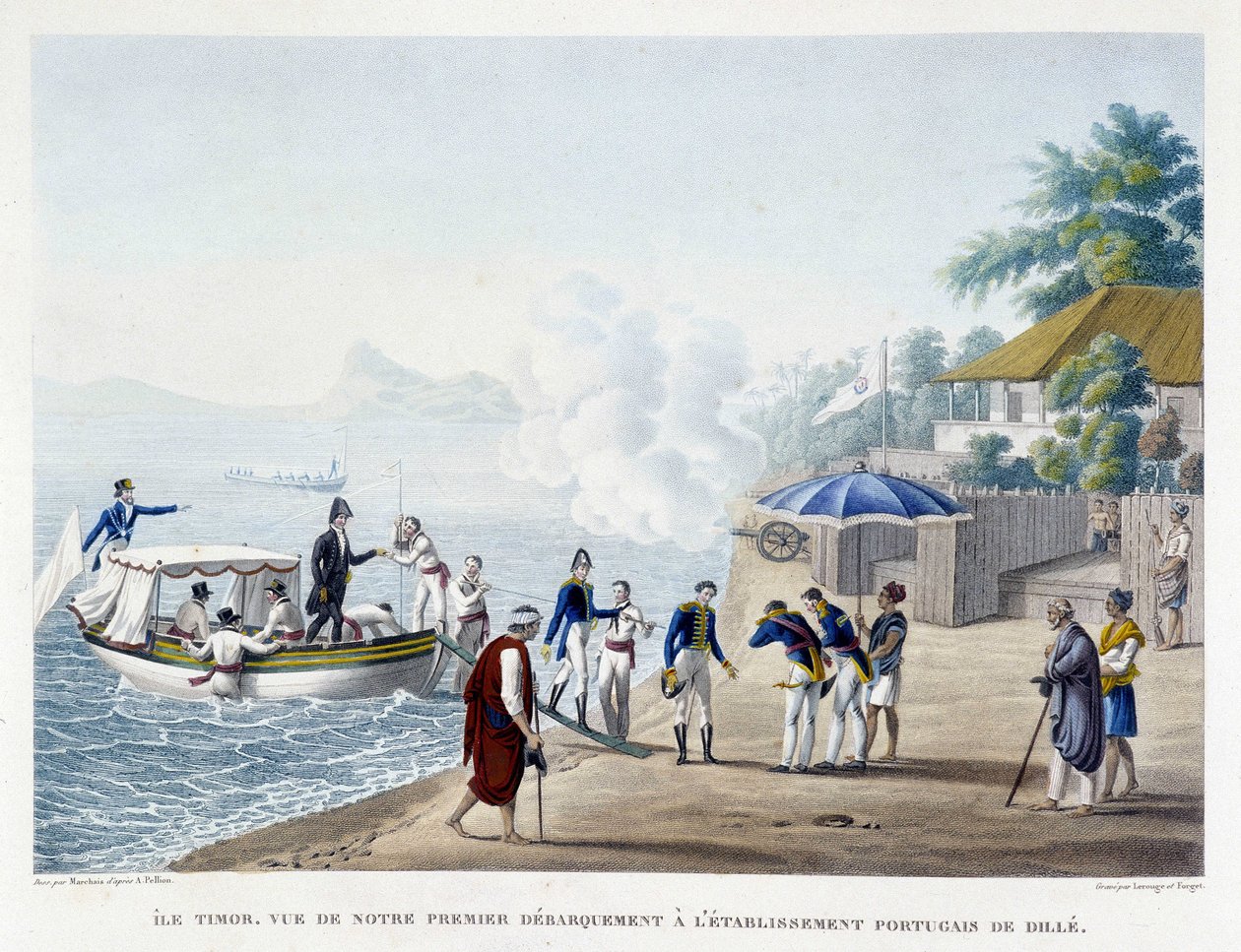 Ranskalaisten ensimmäinen kuoriminen portugalilaisella Dillen asutuksella Timorin saarella. tekijältä Unknown artist