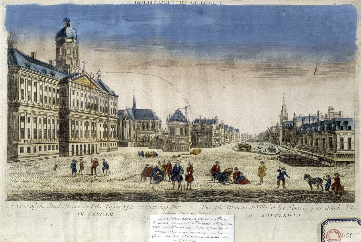 Ensimmäiset palopumput Amsterdamin kaupungintalon edessä - Optinen näkymä tekijältä Unknown artist