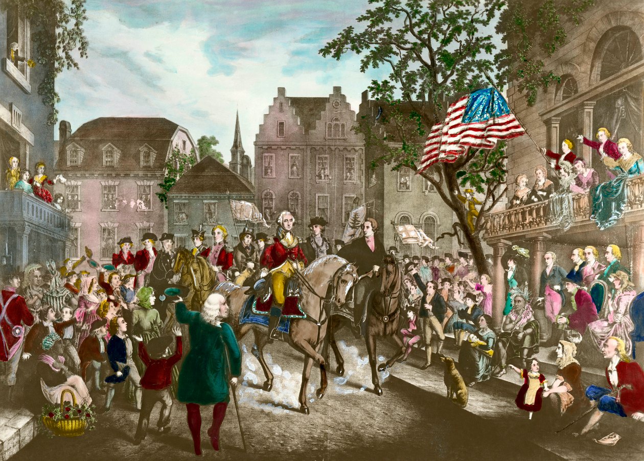 Ensimmäinen Amerikan vapaussodasta: George Washingtonin (1732-1799) voitto New Yorkiin Englannin tappion jälkeen tekijältä Unknown artist