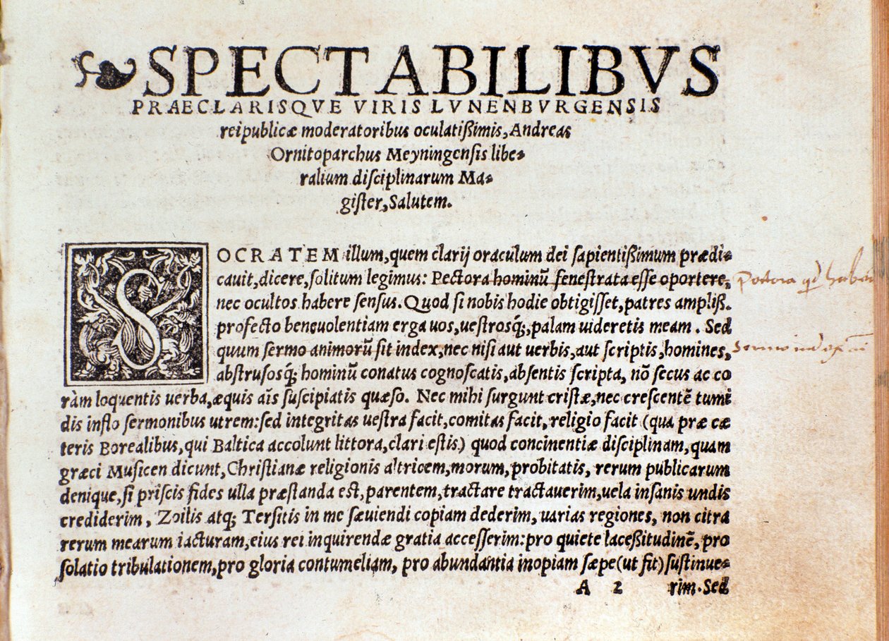 Andree Ornitoparchin (Andreas Ornithoparchus) "De arte cantandi micrologus" -kirjan ensimmäinen sivu 1533 Bologna, civico museo musicale tekijältä Unknown artist
