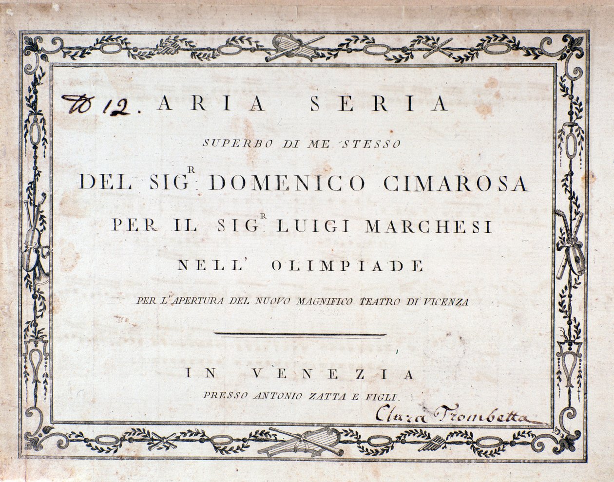 Ensimmäinen sivu Domenico Cimarosan Aria Serian partituurista tekijältä Unknown artist