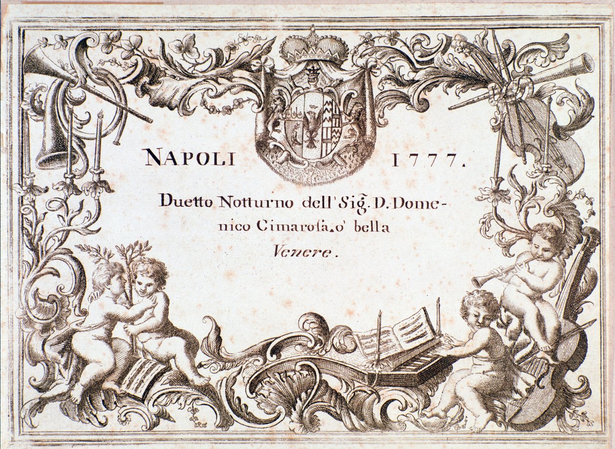 Ensimmäinen sivu O bella veneren partituurista, Domenico Cimarosan teoksessa Armida imaginaria, n. 1777 tekijältä Unknown artist
