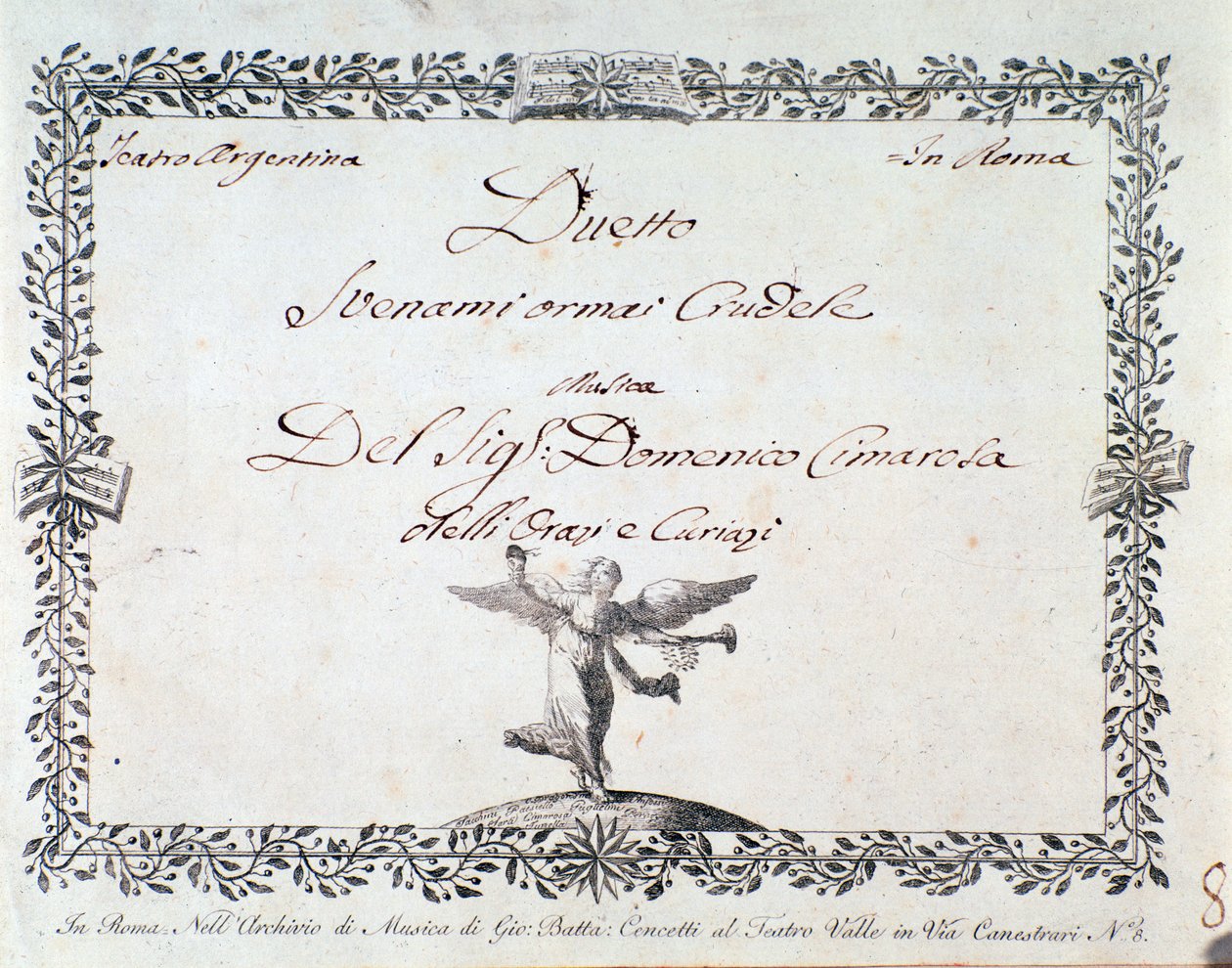 Svenamin partituurin ensimmäinen sivu nyt julma, Domenico Cimarosan teoksessa Gli Orazi e i Curiazi, n. 1798 tekijältä Unknown artist