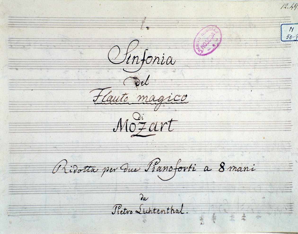 Sinfonian partituurin ensimmäinen sivu on alennettu kahteen pianoon ja kahdeksaan käteen Mozartin oopperan Die Zauberflote, Lichtenthal-versio (1800-luku) tekijältä Unknown artist