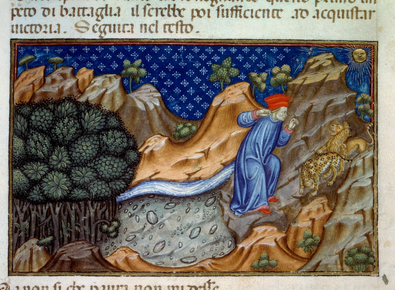 Helvetin ensimmäinen kappale, pantteri vastustaa Danten kulkua. Kuva Dante Alighierin (1265-1321) "jumalaisesta komediasta" (Divina Commedia). Miniatyyri 1400-luvun käsikirjoituksesta. Paris, B.N. tekijältä Unknown artist
