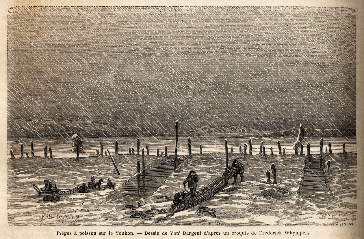 Kalapyydykset, sijoitettu Yukon-joen rannoille (äärimmäinen pohjois-Kanada). Frederick Whymperin kaiverrus havainnollistamaan matkaa ja seikkailuja Englannin Kolumbiassa, Vancouver Islandissa ja Alaskassa tekijältä Unknown artist