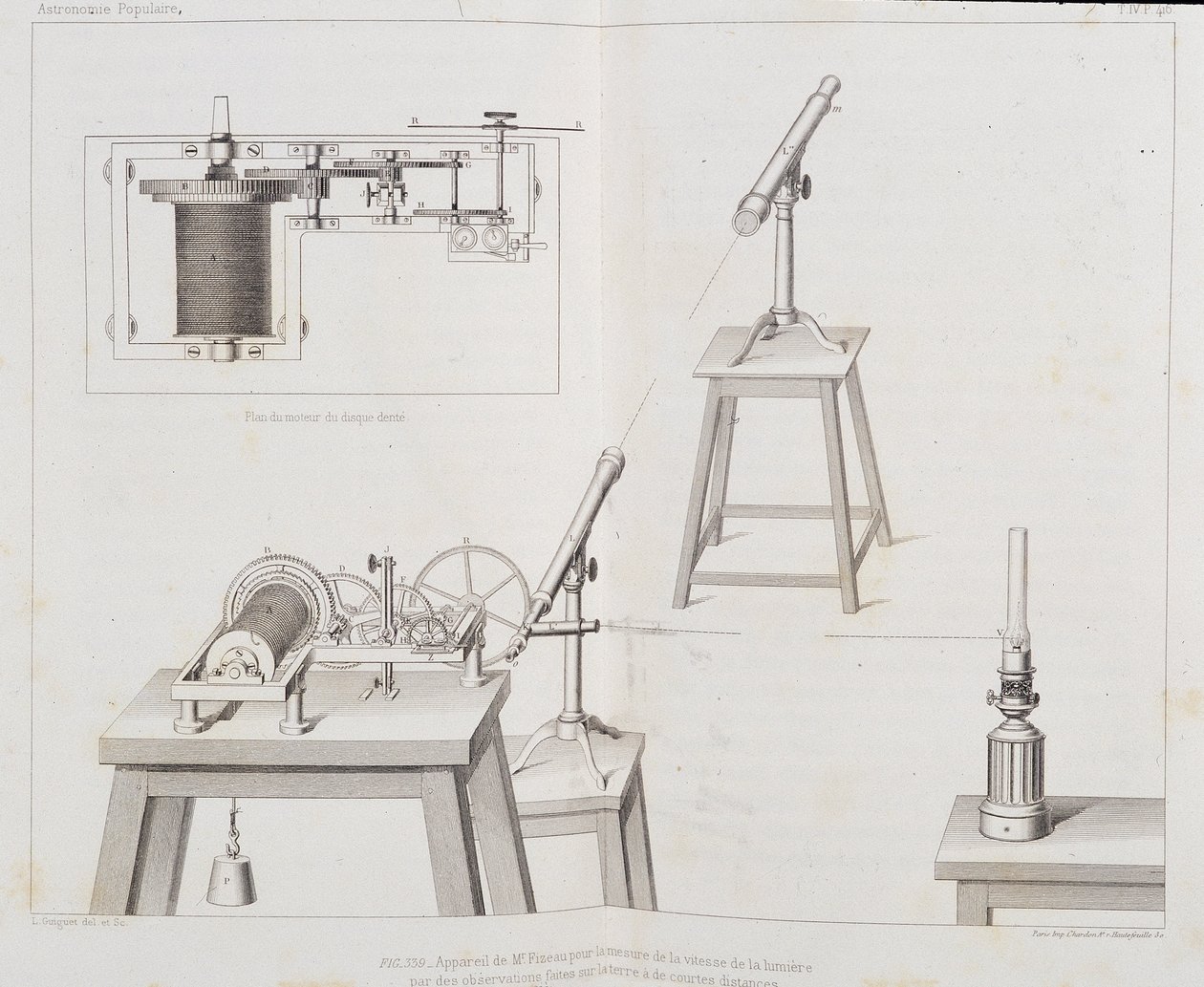 Fizeaun laite valonnopeuden mittaamiseen - Francois Arago, Paris, Cide Publisherin teoksessa "Popular astronomy" tekijältä Unknown artist