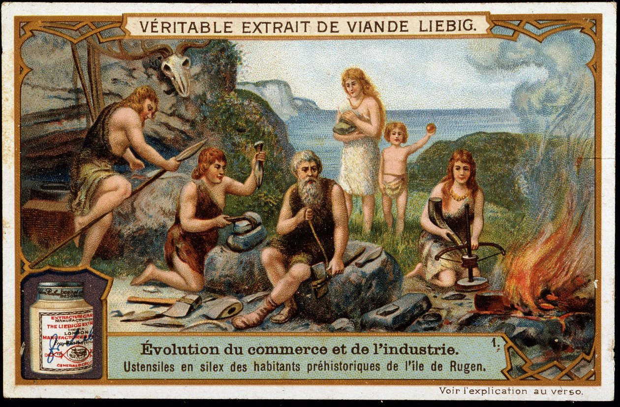 Rugenin saaren esihistoriallisten asukkaiden piikiviastiat - Liebig-mainosmerkki tekijältä Unknown artist