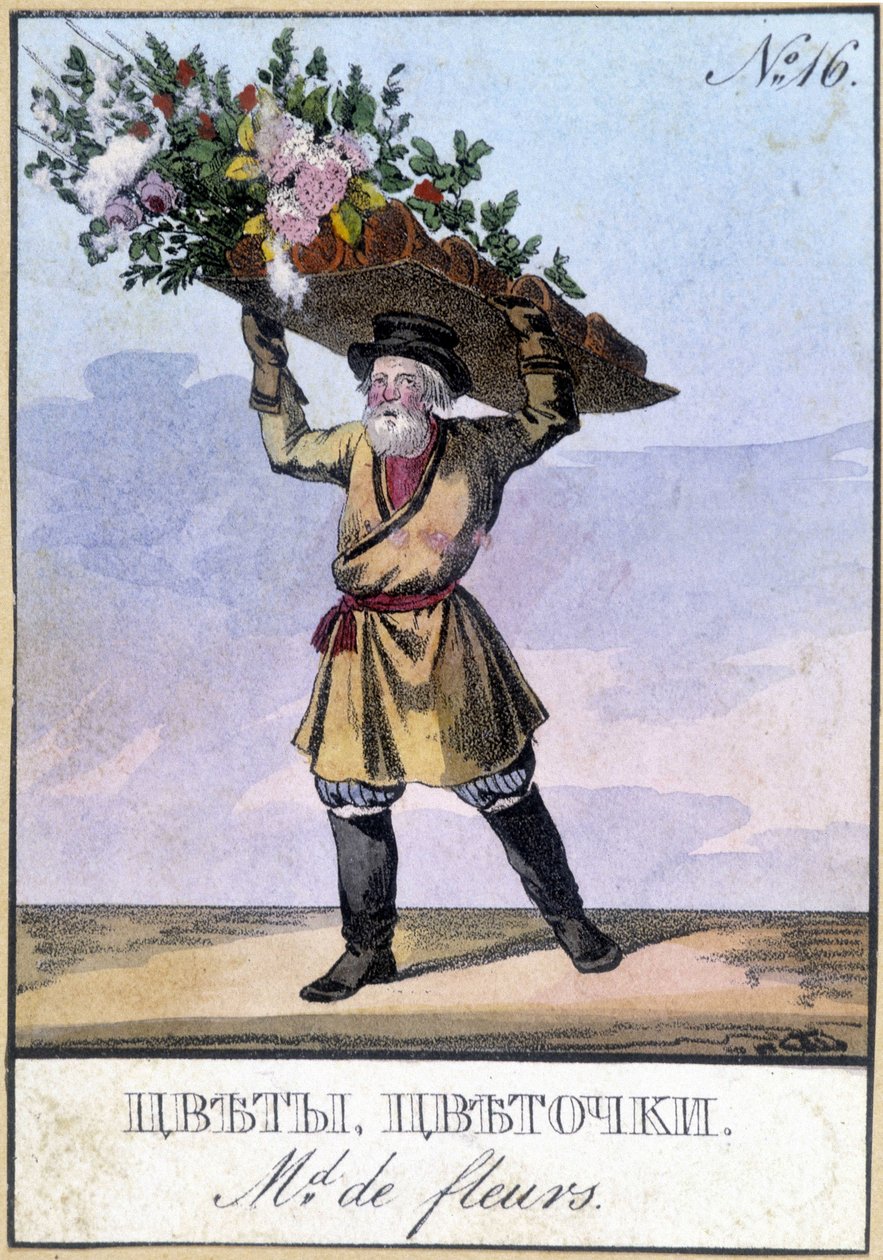 Kukkakauppias Venäjällä 1800-luvulla. tekijältä Unknown artist