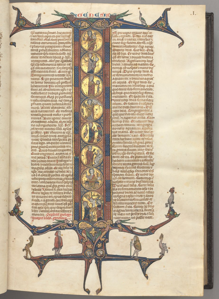 Fol. 1r, Genesis, jossa on kokopitkä historiallinen alkukirjain I, joka esittää luomista ja ristiinnaulitsemista, kaikki kiillotetuilla kultaisilla perusteilla, joissa on vaaleanpunaiset ja siniset kehykset sekä ylä- ja alareunassa lohikäärme- ja lehtilaaj tekijältä Unknown artist