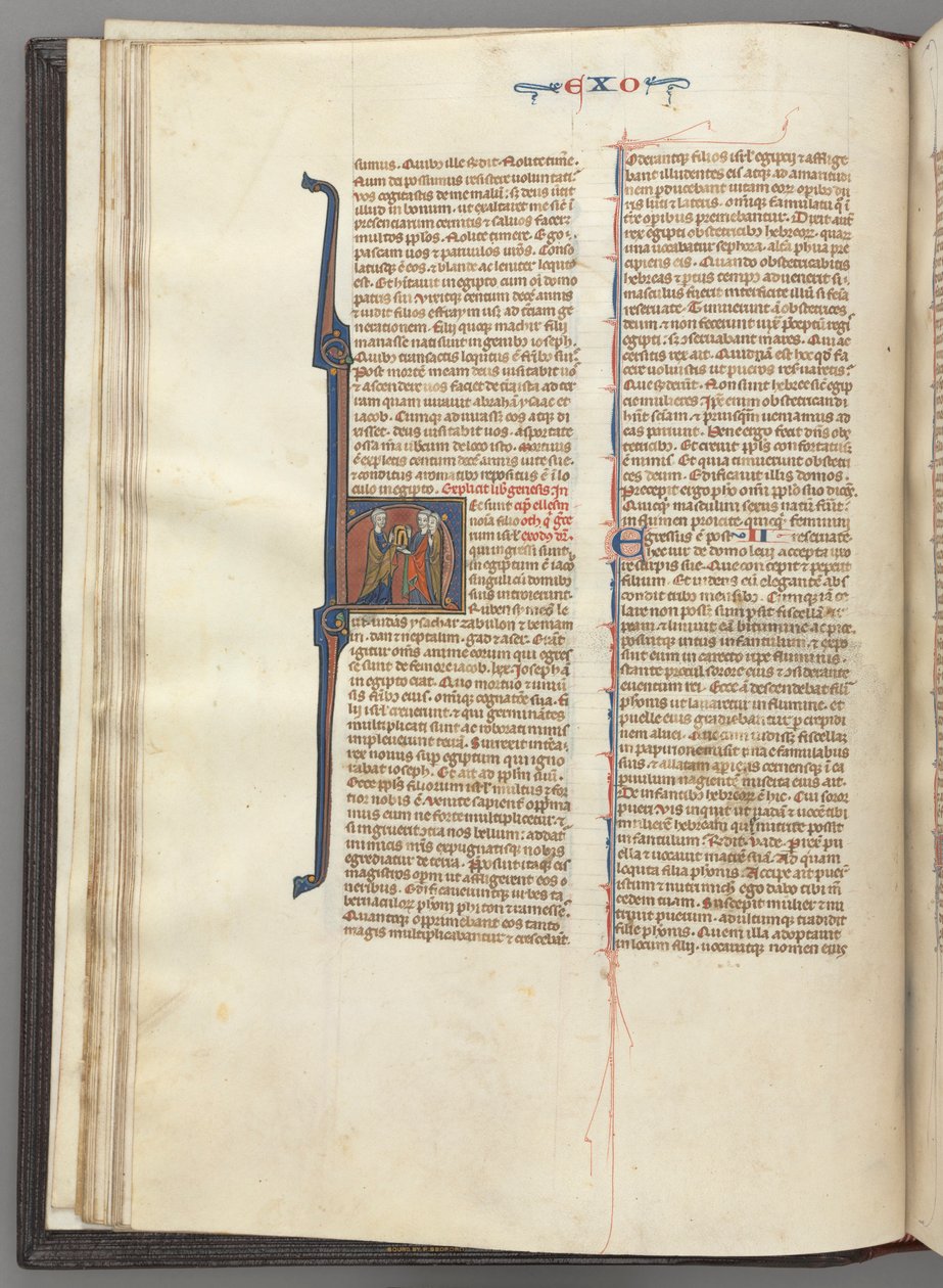 Fol. 20v, Exodus, historiallinen kirjain H, Mooses ja kaksi seuraajaansa lain taulujen kanssa. tekijältä Unknown artist