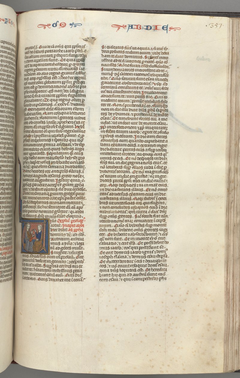 Fol. 357r, Obadja, historiallinen alkukirjain V, Obadja ja juutalainen keskustelussa. tekijältä Unknown artist
