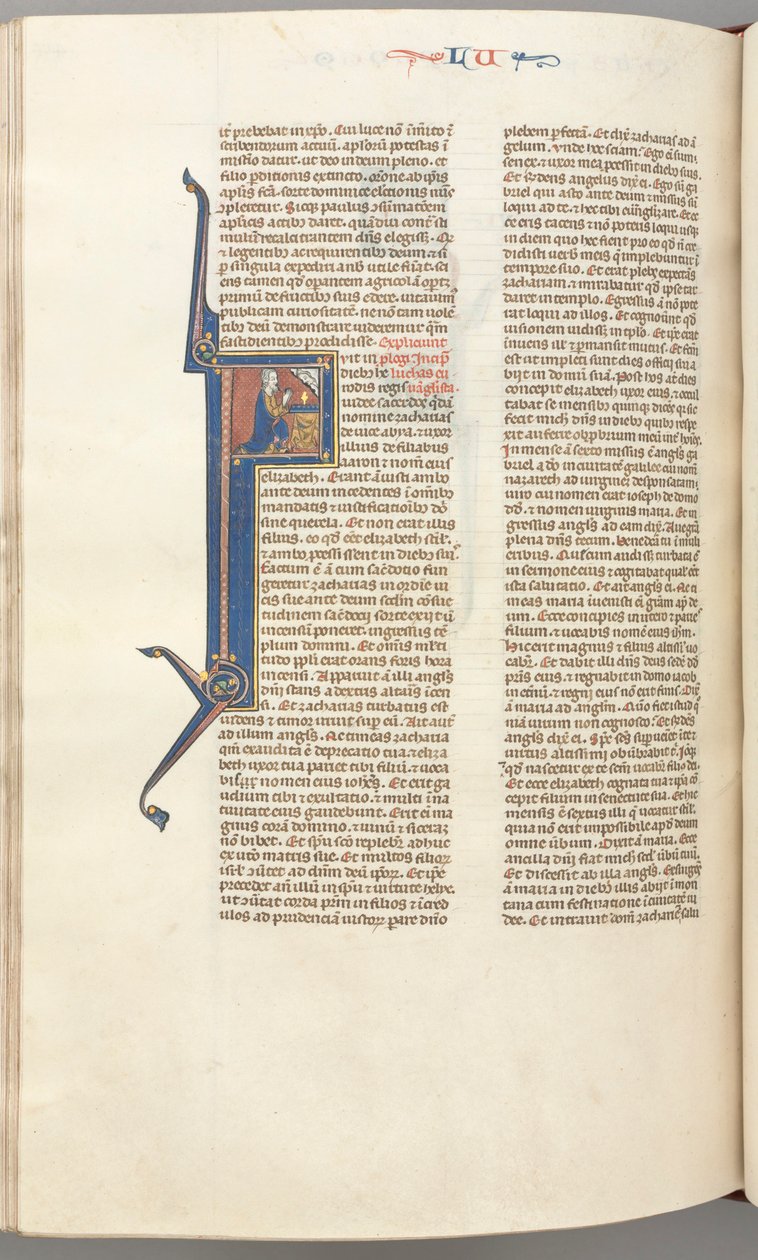 Fol. 412v, Luukas, historiallinen alkukirjain F, Luukas rukoilee alttarin ääressä, yläpuolella Jumalan rintakuva. tekijältä Unknown artist