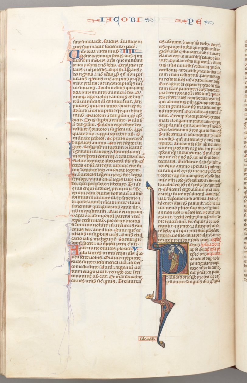 Fol. 477v, Pietari, historiallinen alkukirjain P, Pietari avaimen kanssa, puhuu yläpuolella olevalle Jumalan rintakuvalle. tekijältä Unknown artist