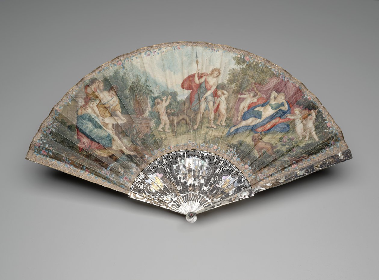 Taitettava tuuletin "Adonis Led by Cupids to Venus" Francesco Albanin mukaan, teline n. 1720-1730, suojukset ja kepit n. 1740-1750 (guassi ja akvarelli kaksoisvellum-lehdellä, helmiäinen, kultaus ja tahnahelmi ) tekijältä Unknown artist
