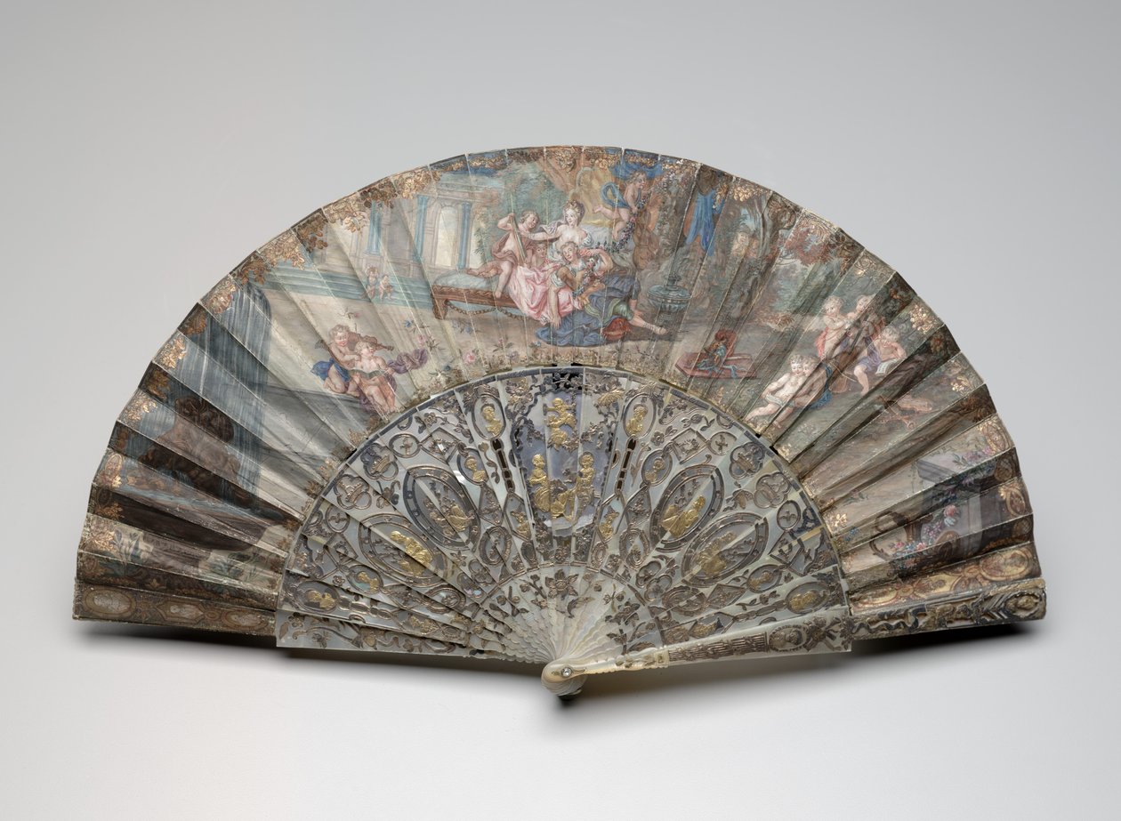 Taitettava tuuletin "Rinaldo ja Armida" François Boucherin mukaan, n. 1734-1750 (guassi ja w/c kaksoiskalvolla ja paperilehdillä, helmiäistä, kultaa ja liitä jalokiviä) tekijältä Unknown artist