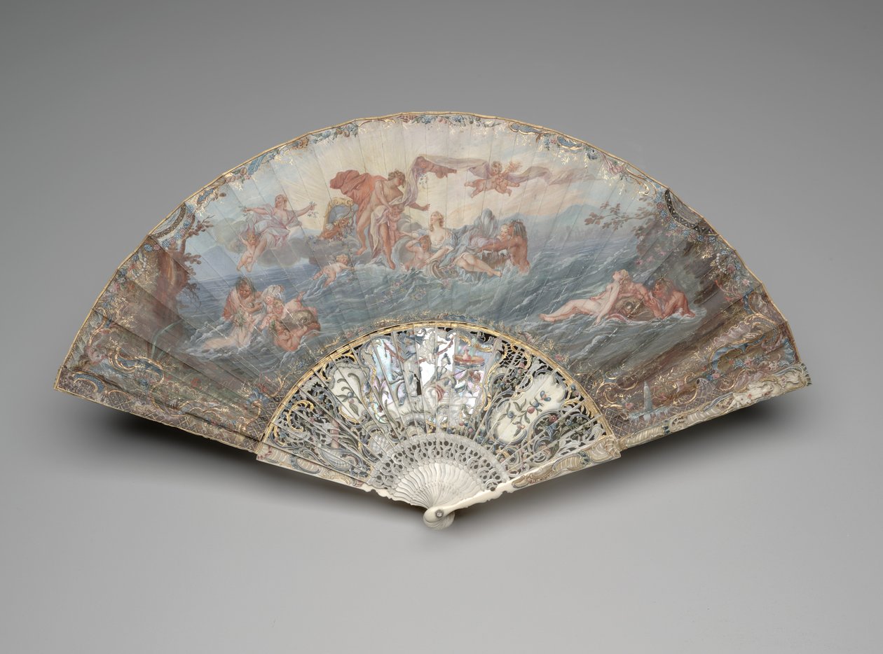Kokoontaittuva tuuletin "Auringon lasku" François Boucherin mukaan, vuoden 1753 jälkeen (guassi ja w/c yksittäisessä perunalehdellä, norsunluu, kultaus, guassi, helmiäinen ja tahnakivi) tekijältä Unknown artist