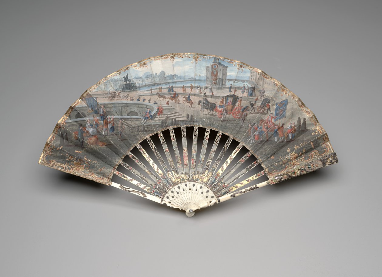 Kokoontaittuva tuuletin, josta on näkymät Pont Neufiin, n. 1755-1760 (guassi ja akvarelli kaksoisvellumlehdellä, norsunluu, kultaus, guassi, helmiäinen ja tahna jalokivi) tekijältä Unknown artist