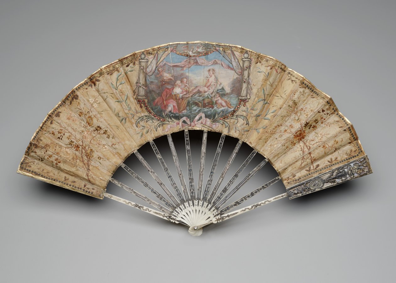 Taitettava tuuletin Venuksen syntymällä, n. 1770-80-luvulla (guassi yhdellä silkkilehdellä, olki, messinki, metallilanka, luu, kultaus, helmiäiset ja tahnat) tekijältä Unknown artist