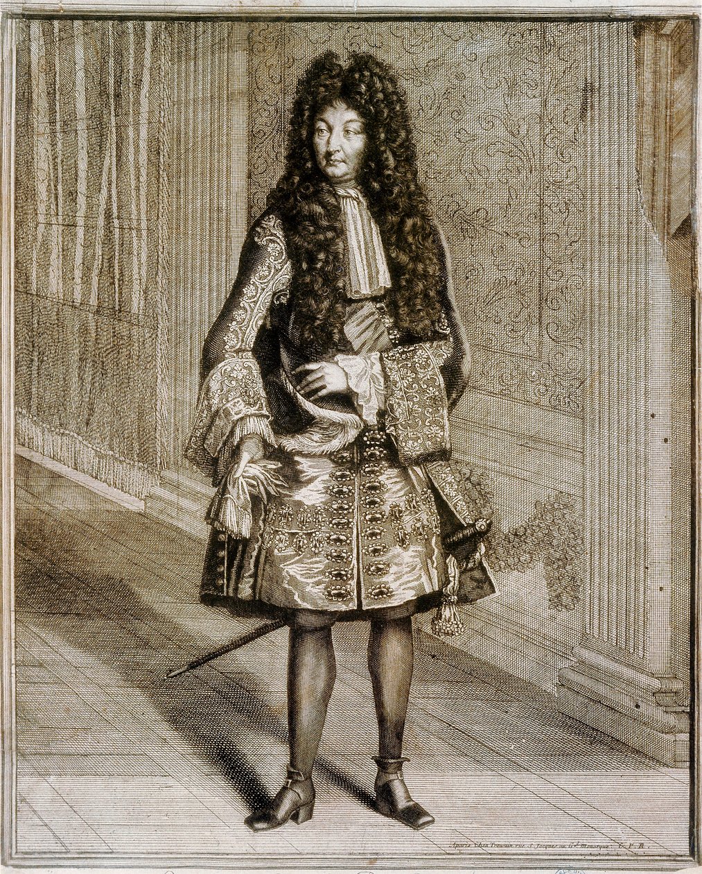 Kuningas Ludvig XIV:n jalkakuva, joka tunnetaan Aurinkokuninkaana (1638-1715). 1700-luvun kaiverrus. Madridin kansalliskirjasto. tekijältä Unknown artist