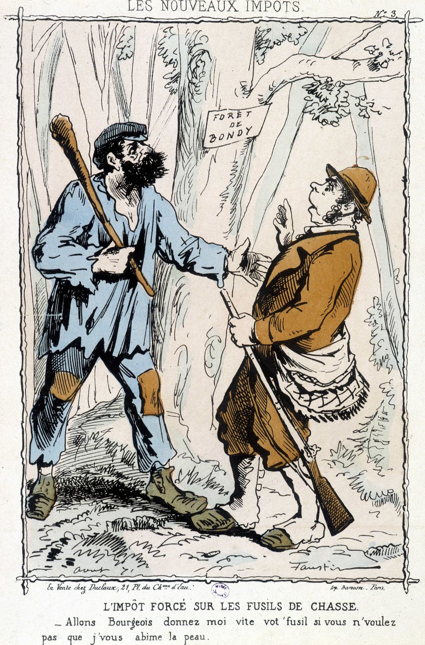 Haulikkovero: "Mennään porvariksi, anna aseesi nopeasti, jos et halua minun pilaavan ihoasi" - karikatyyri "uusista veroista" tekijältä Unknown artist