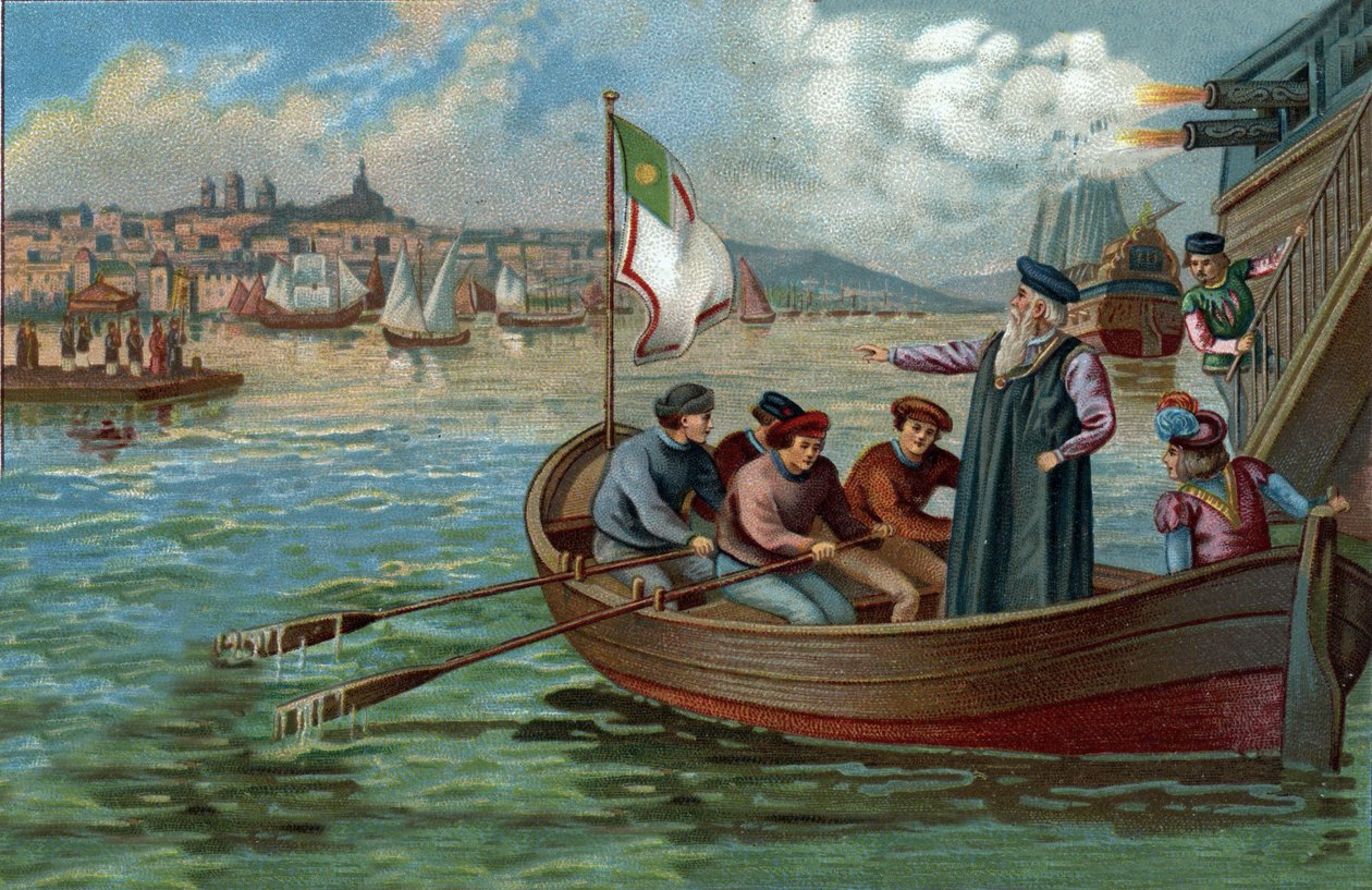 Entiset ostoskeskukset: portugalilaisen navigaattorin Vasco de Gaman (1469-1524) paluu Portoon, Portugaliin. 1800-luvun lopun kromolitografia tekijältä Unknown artist