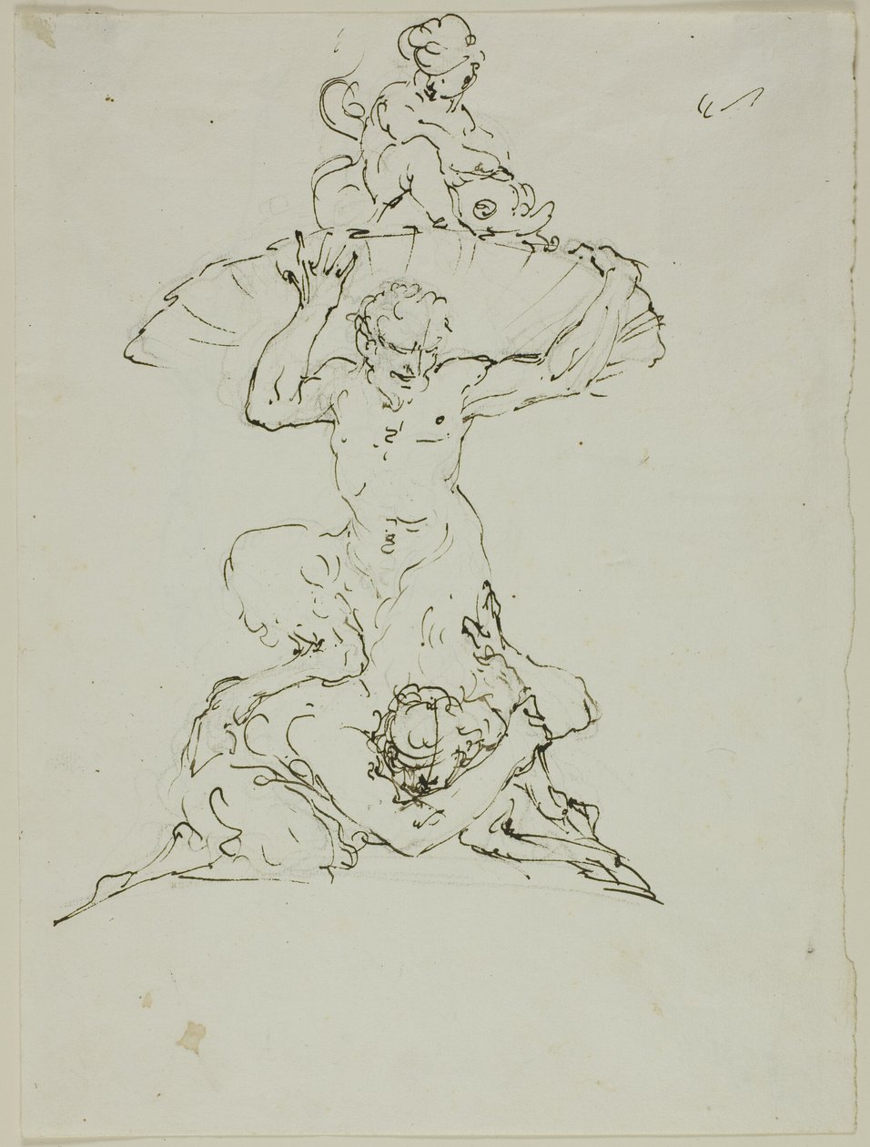 Suihkulähde, jossa on satiiri ja putto (etusivu); Punchinello (kääntöpuoli). tekijältä Unknown artist