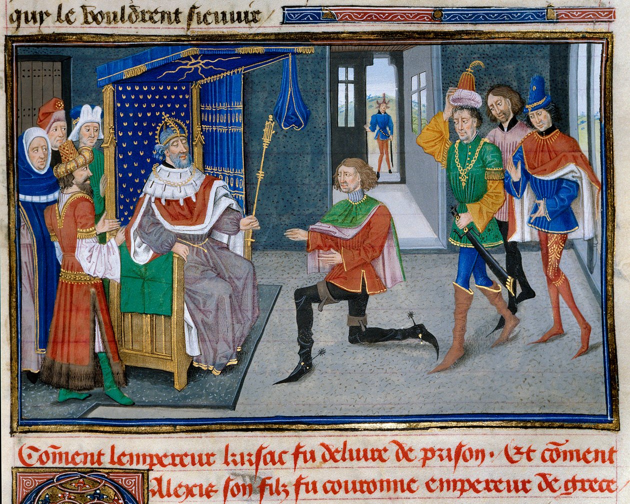 Neljäs ristiretki: Aleksis IV Angelin (1182-1204) esitys on keisarin kruunu isänsä Iisak II:n rinnalla saatuaan hänet pois vankilasta vuonna 1203. Miniatyyri David Aubertin "" Chronicle abregee -kirjasta" tekijältä Unknown artist