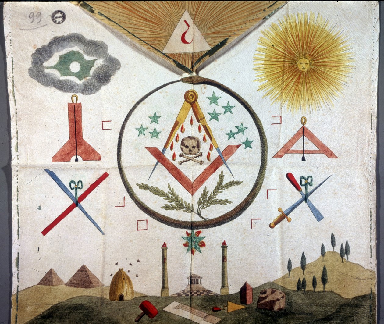 Franc-Maconnerie: Maconnien tunnukset 1700- tai 1800-luvulta peräisin olevan ranskalaisen riitin luokan maconin esiliinassa. Milanon valtion arkisto tekijältä Unknown artist