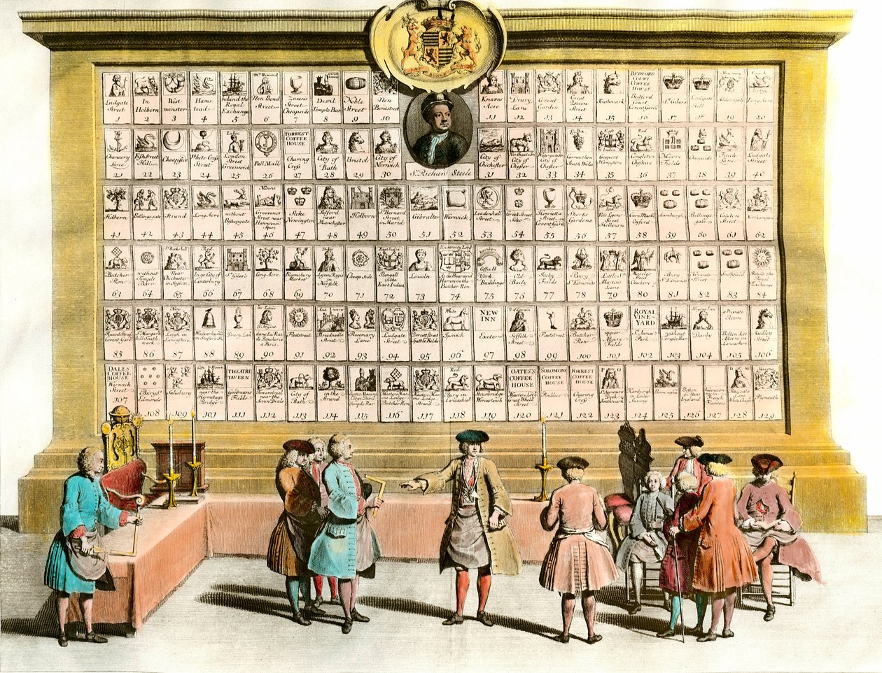 Franc-Maconnerie: Englannin maconfrangien tapaaminen tärkeimpien maconnilaisten loossien symbolien kanssa. 1700-luvun taulu. Pariisi. Koriste taide tekijältä Unknown artist