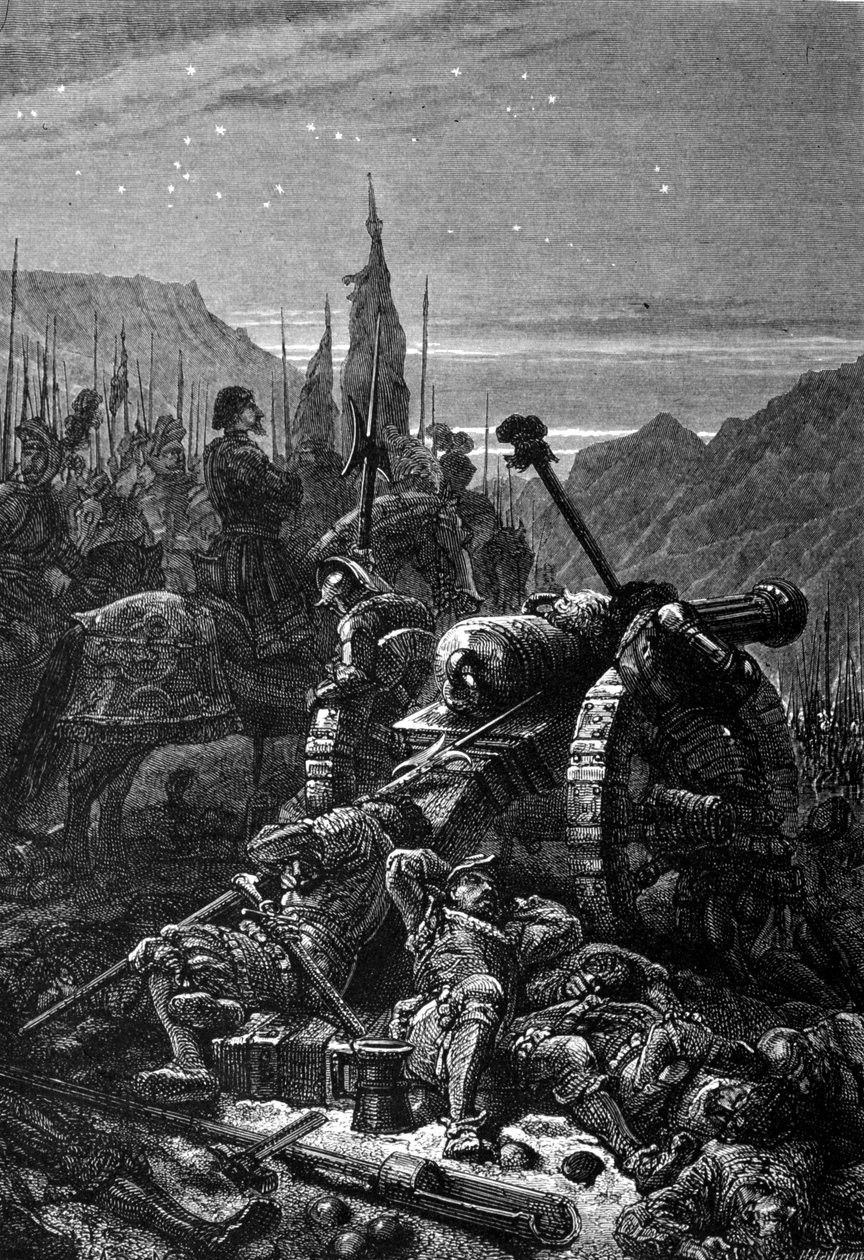 Francois I (1494 - 1547) jäi satulaan Marignanin taistelua edeltävänä yönä syyskuussa 1515. Kaiverrus 1800-luvulta. tekijältä Unknown artist