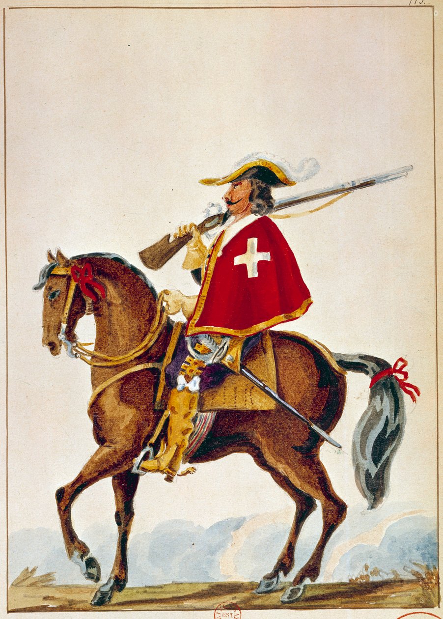 Ranskalainen Armee: De Valmont, kardinaali Richelieun vartijan muskettisoturi. Kaiverrus 1600-luvulta. Paris, B N tekijältä Unknown artist