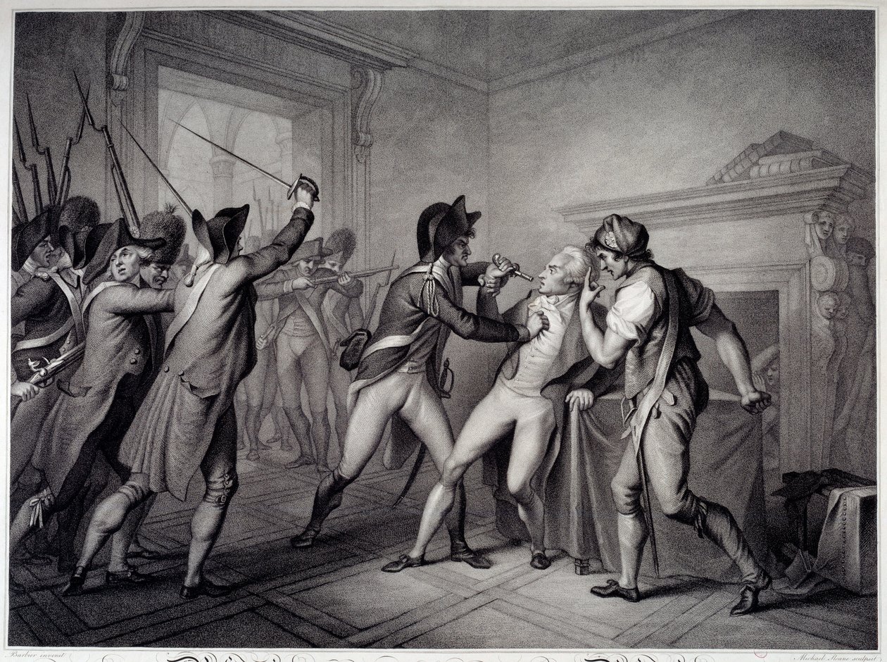 Ranskan vallankumous: Robespierren pidätys 27. heinäkuuta 1794 (9. Thermidor-vuosi II). Kaiverrus 1700-luvulta. Pariisi, Musee Carnavalet tekijältä Unknown artist