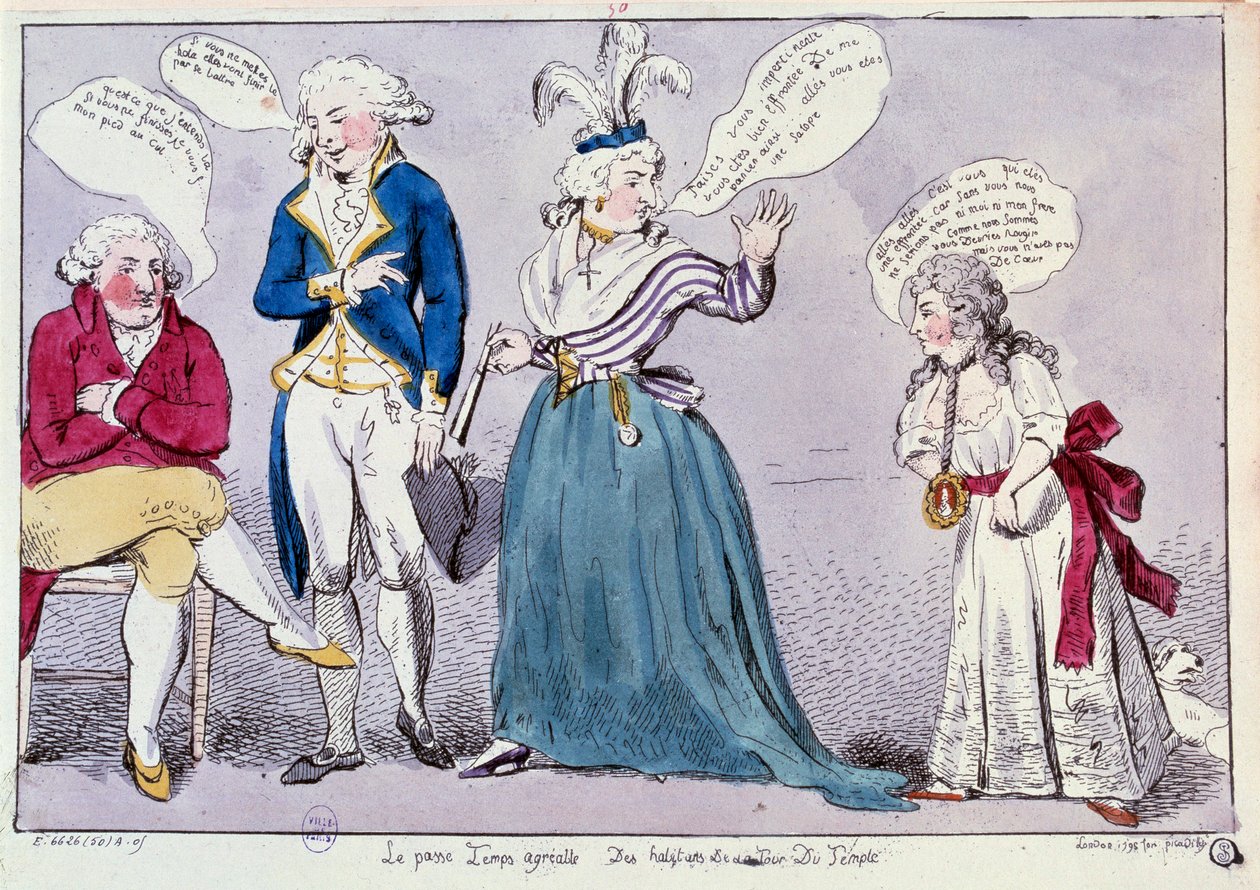 Ranskan vallankumous: Sarjakuva kuningatar Marie Antoinetten (1755-1793) ja Ludvig XVI:n perhettä vastaan suljetussa temppelivankilaan. Kuningatar ja kuninkaan sisar Madame Elisabeth riitelevät silmien alla kuninkaan jäänteet. Heidän sanansa on kirjoitettu tekijältä Unknown artist