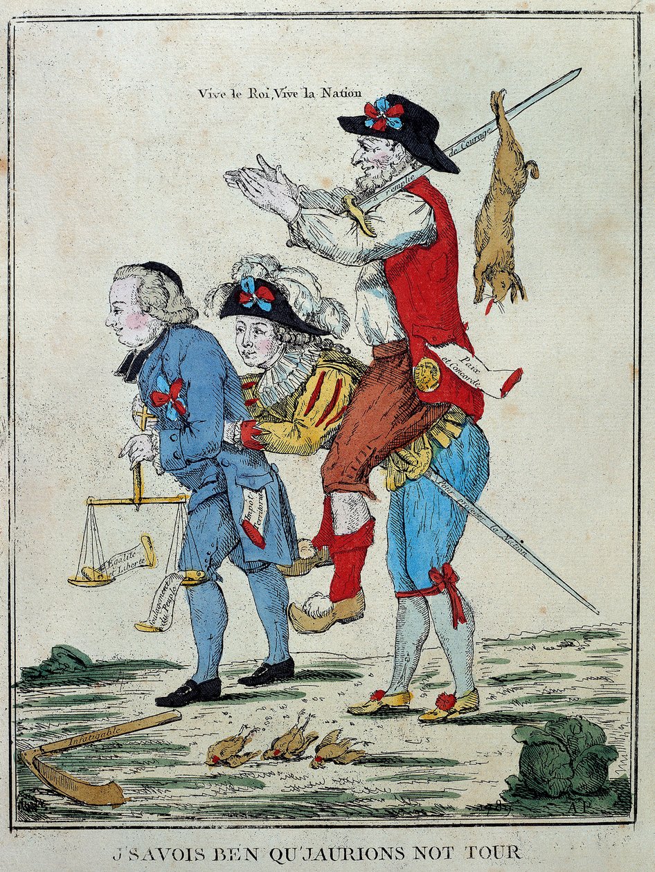 Ranskan vallankumous: "Tiesin, että minulla on meidän vuoromme"". Sarjakuva, joka kuvaa kolmatta valtiota (kolmatta osavaltiota) kahden veljeskunnan (papit ja aatelisto) takana. Kaiverrus 1700-luvulta. Pariisi, Musee Carnavalet tekijältä Unknown artist