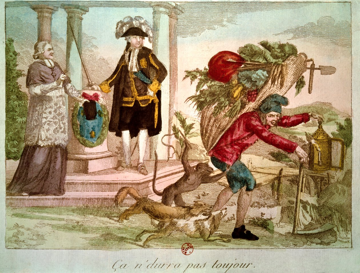 Ranskan vallankumous: "" Se ei aina kestä "": prelaatin ja aatelisen vallannut talonpoika. Kaiverrus 1700-luvulta. B.N., Pariisi. tekijältä Unknown artist