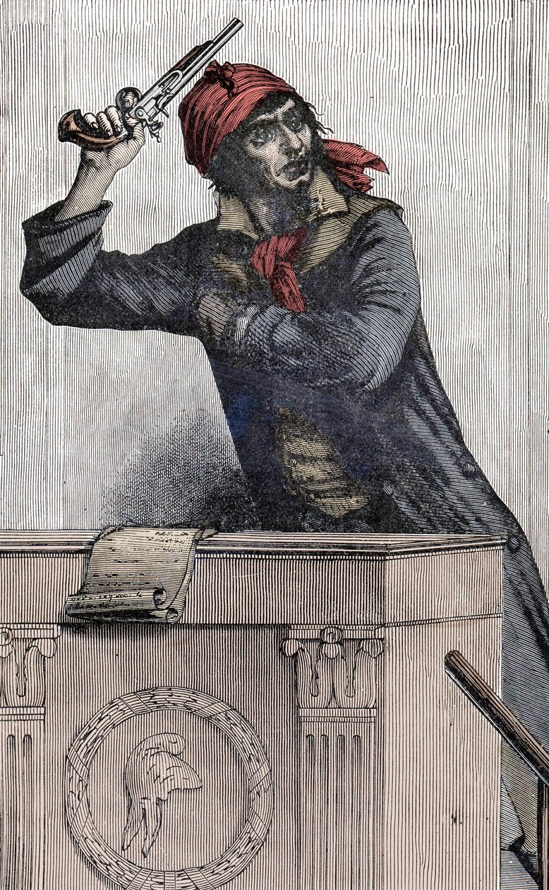 Ranskan vallankumous: Jean Paul Maratin (1743-1793) muotokuva, Montagnardin edustaja konventissa, jakaa pistoolia korokkeella - tekijältä Unknown artist