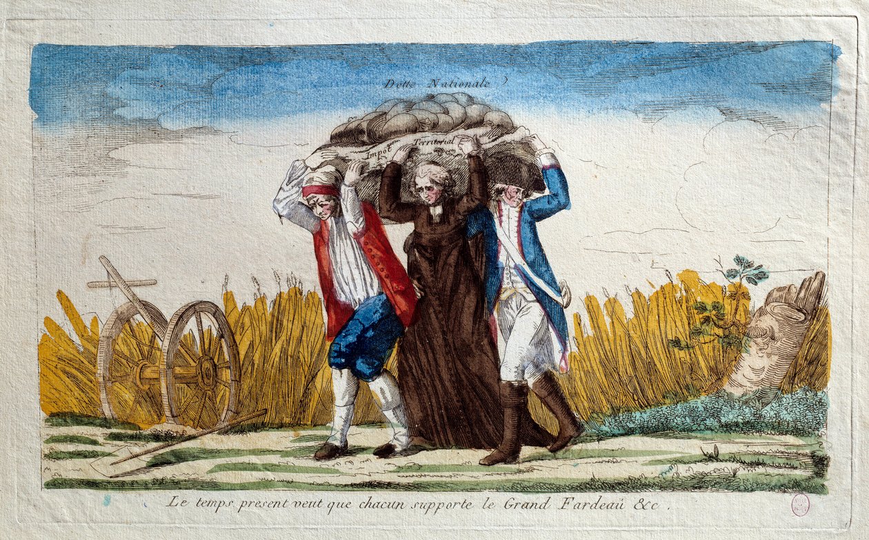 Ranskan vallankumous: "" Nykyaika vaatii jokaisen kantamaan suuren taakan"" Talonpoika, papiston jäsen ja sotilas, joka kantaa kolme valtionvelkaa. Sarjakuva 1700-luvun lopun Pariisista, Musee Carnavalet tekijältä Unknown artist